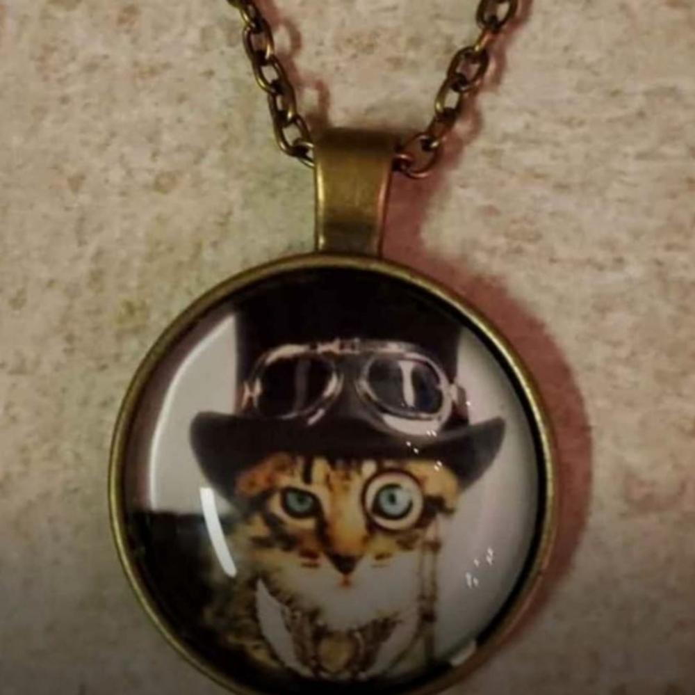 Cat steampunk monocle and top hat necklace